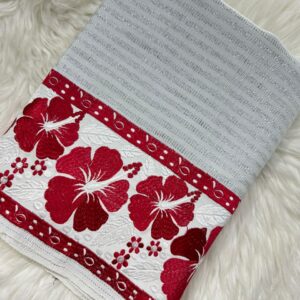 Pure white Ahkhet Asung Muga phanek red hibiscus embroidered border – Kangleipak Online Shopping