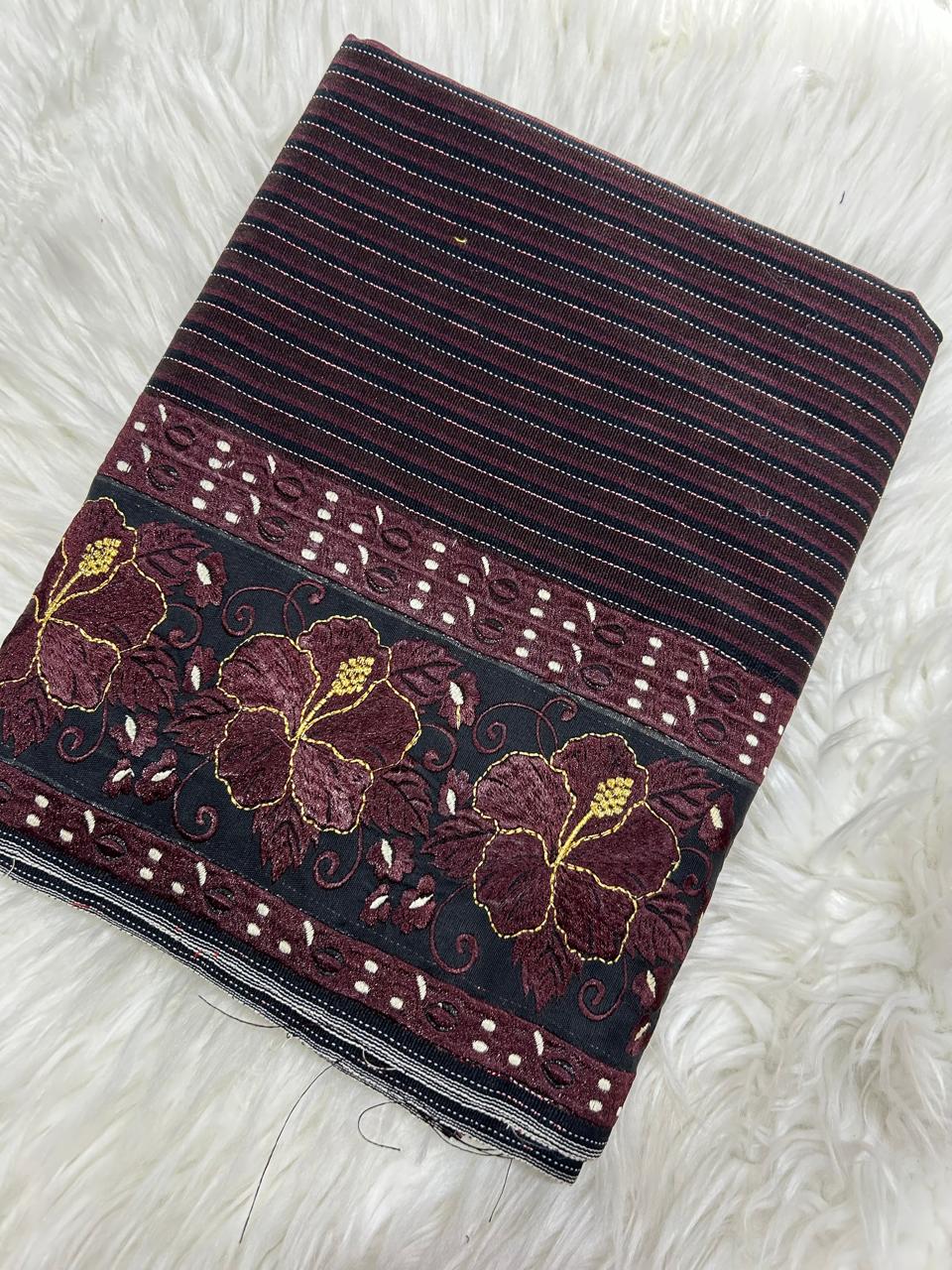 Dark brown phanek maroon gold hibiscus embroidered border – Kangleipak Online Shopping