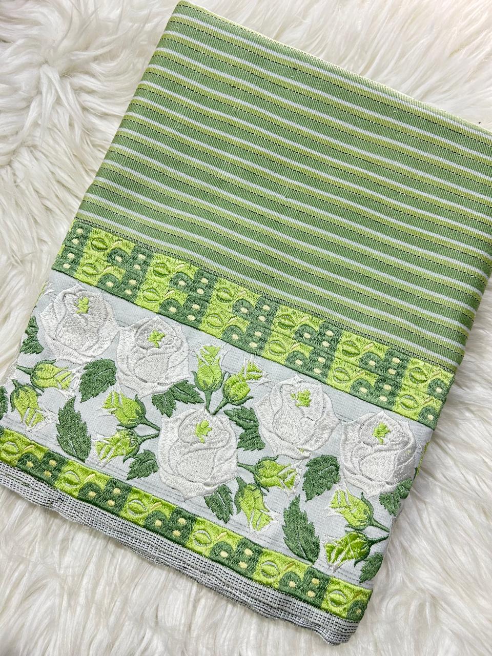 Sage green phanek white rose embroidered border – Kangleipak Online Shopping