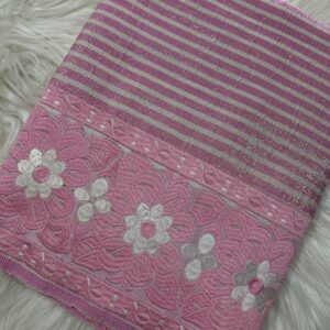 Pink & White Phige Sabi Phanek with Dahlia Floral Border – Manipuri Handloom
