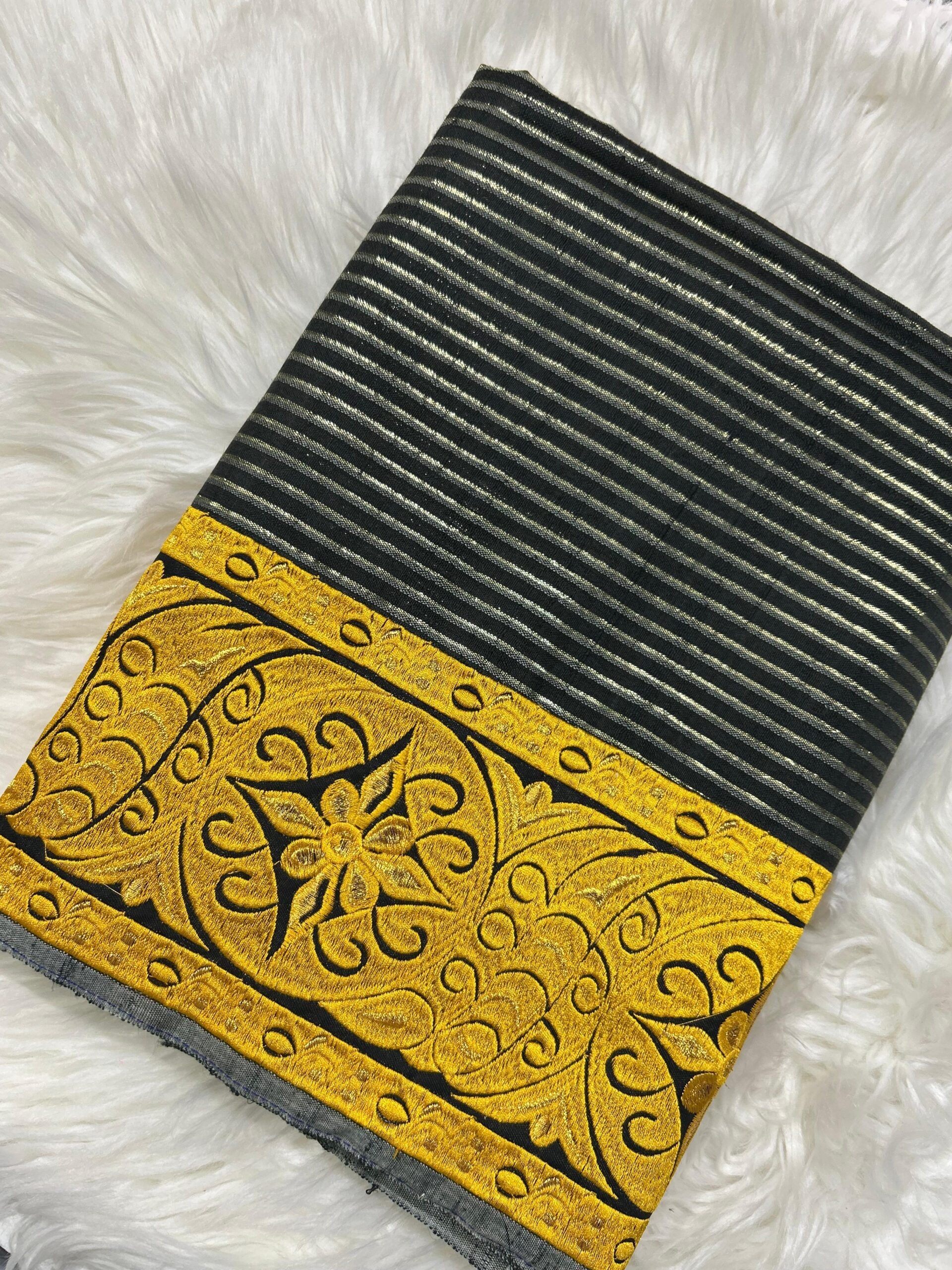 Dark Black Phanek with Sana Machu Gold Medallion Border – Maharani Collection Manipuri Handloom